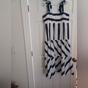 Everlily Navy and White Striped Midi Dress Tie Straps Smocked Back